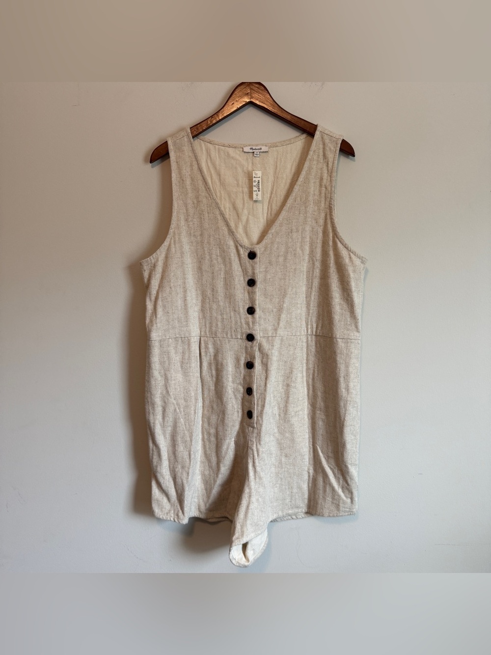 NWT Madewell Linen-Blend Button Romper Women 14 Beige Earthy Coastal Boho Chic